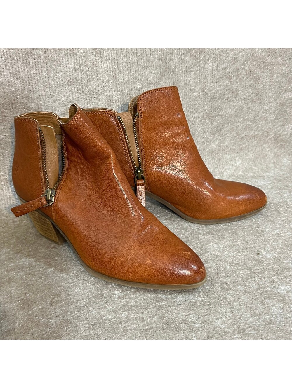 Frye Women’s 6M Cognac Leather Double Zip Ankle Boots Stacked Heel Booties